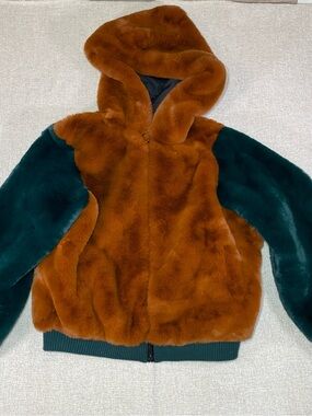 NWT SHACI Faux Fur Colorblock Hooded Jacket Womens 1X Rust Olive Green MSRP $98
